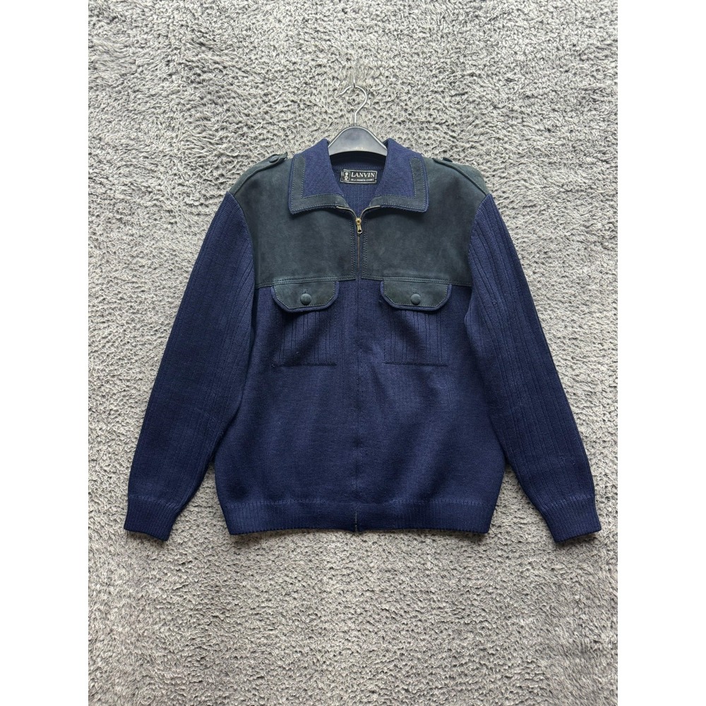 Vintage Lanvin Knitted Collared Full Zip Sweater Navy Blue Womens Size S/M